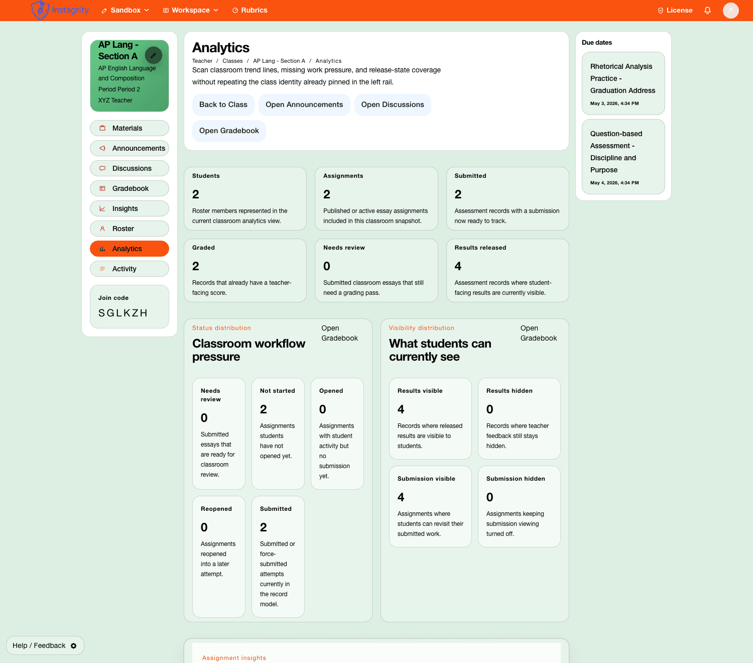 Instagrity class analytics workspace with demo data