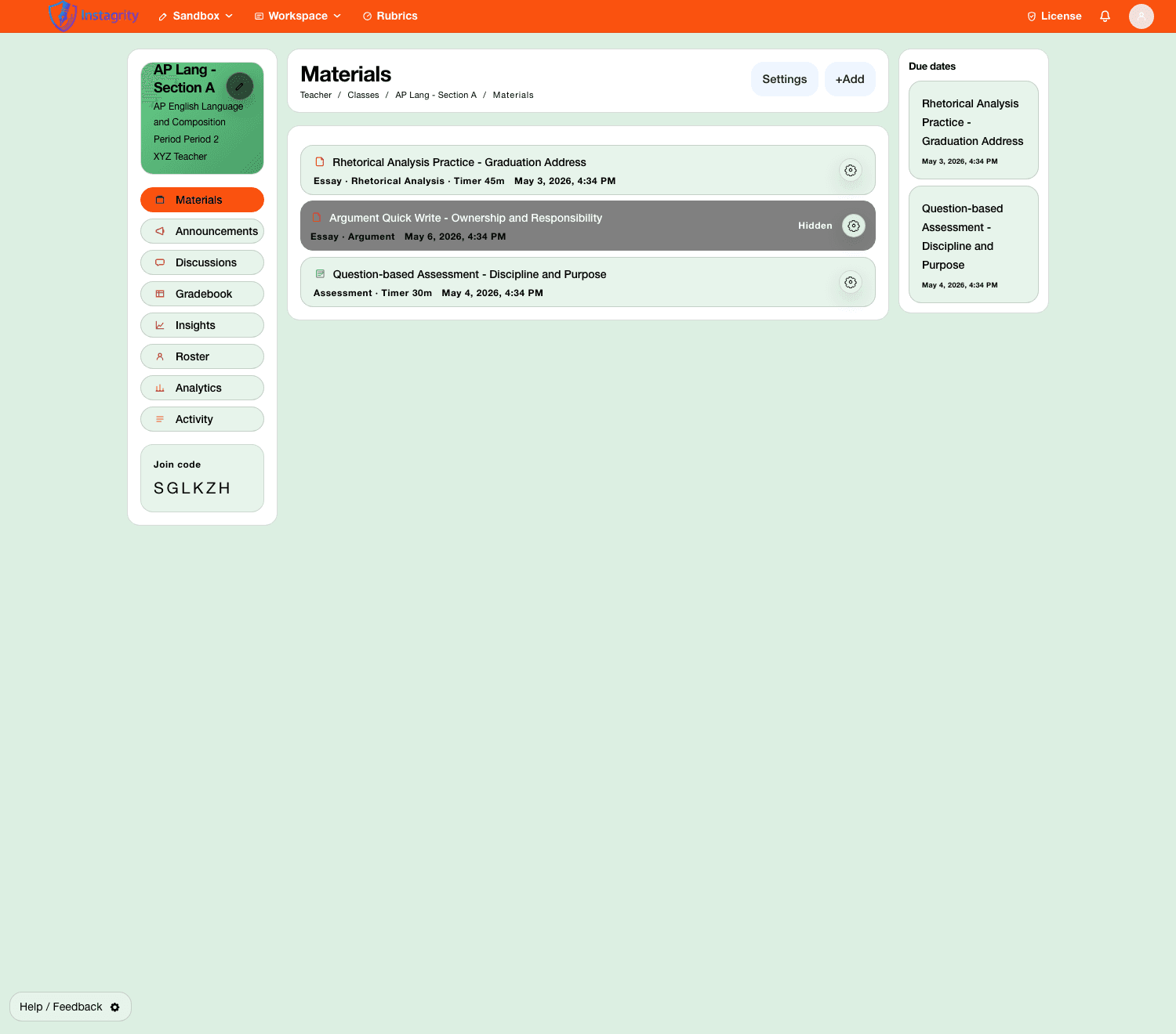 Instagrity class workspace with demo data